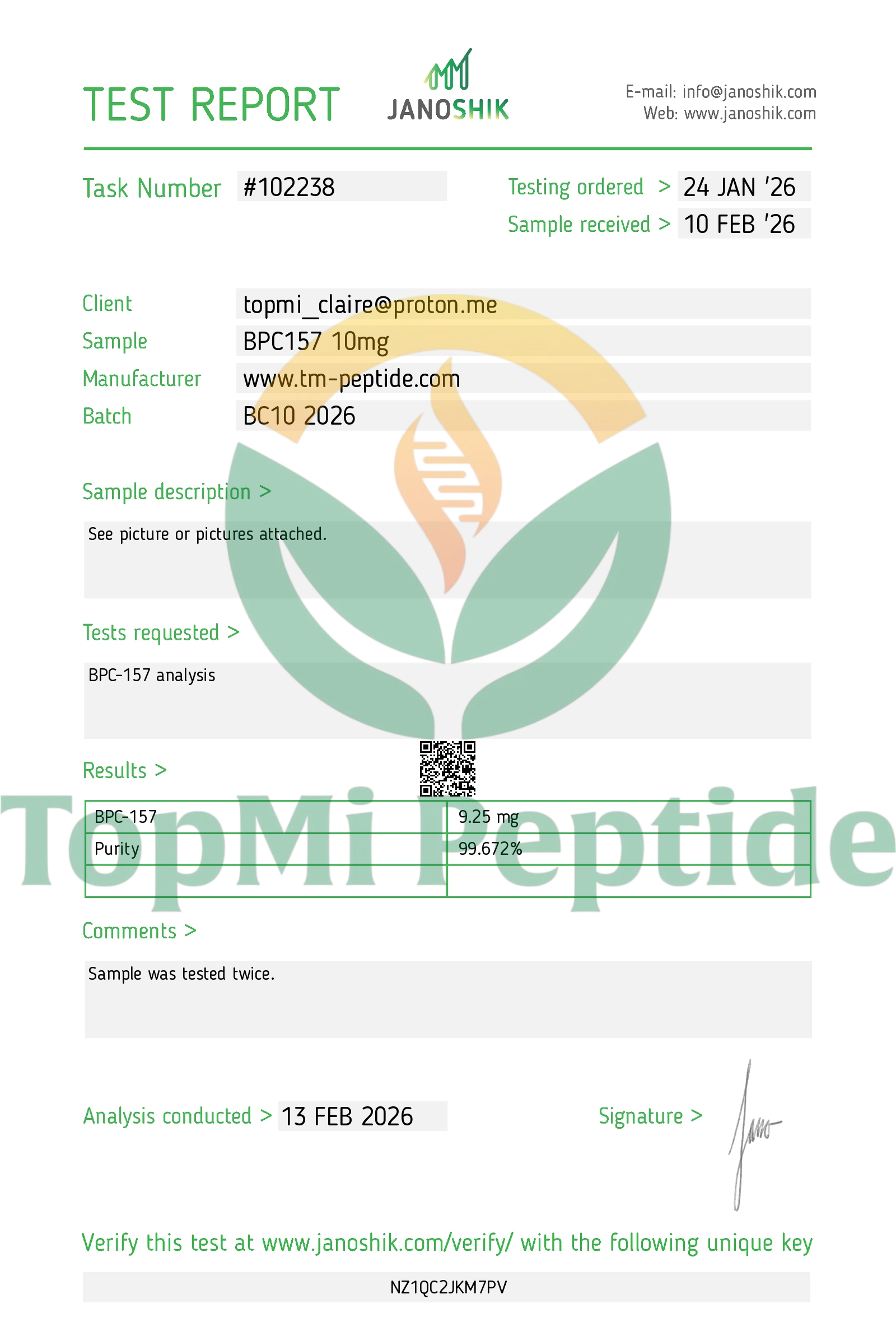 Peptide COA example showing a task number, batch, test results, and verification key